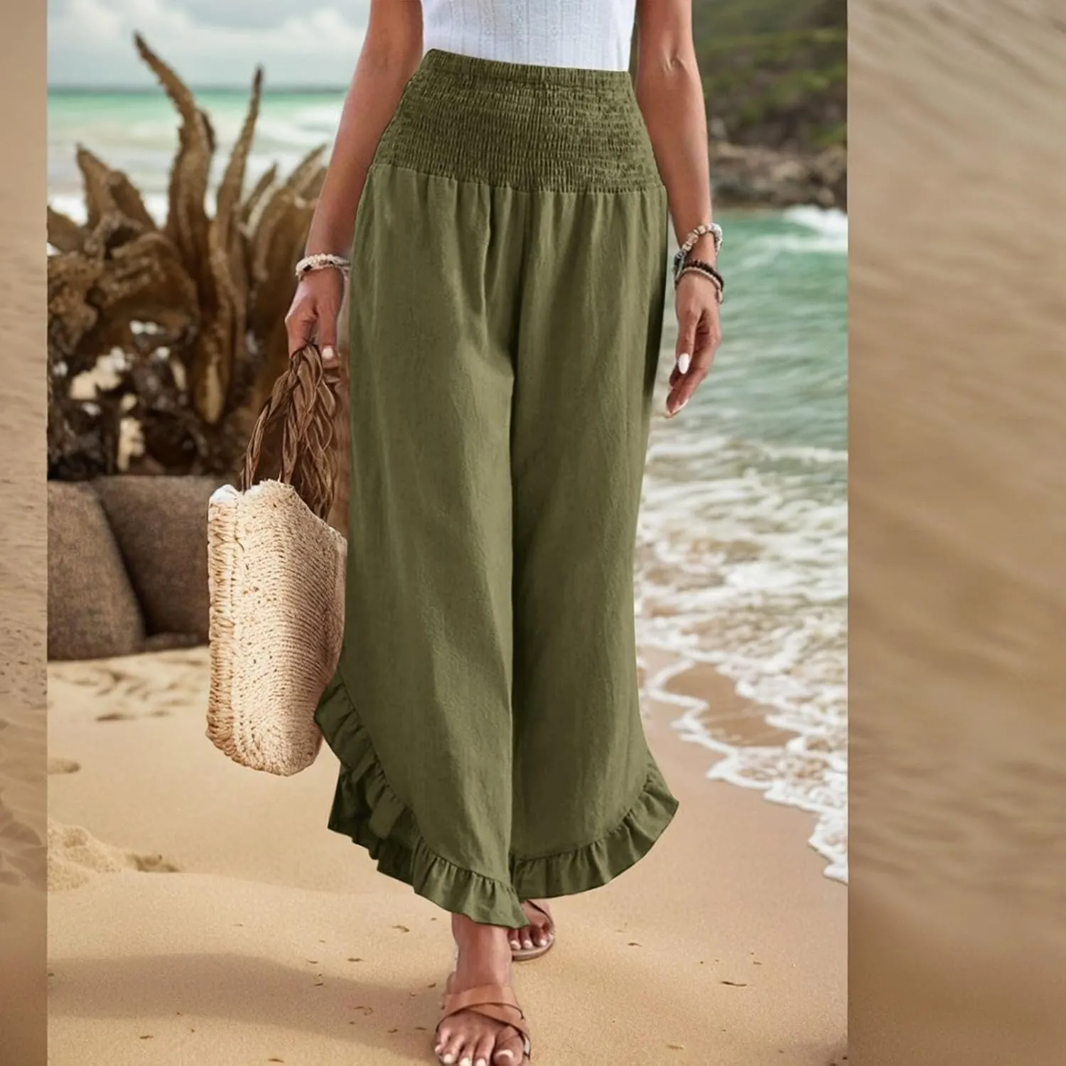 eoeioa Summer Linen Pants for Women Smocked High Waisted Palazzo Pants Ruffle Hem Beach Pant with Pockets