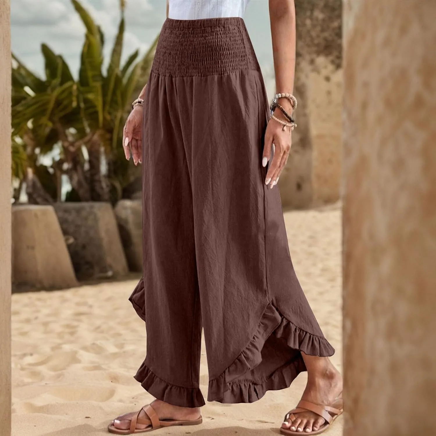 eoeioa Summer Linen Pants for Women Smocked High Waisted Palazzo Pants Ruffle Hem Beach Pant with Pockets