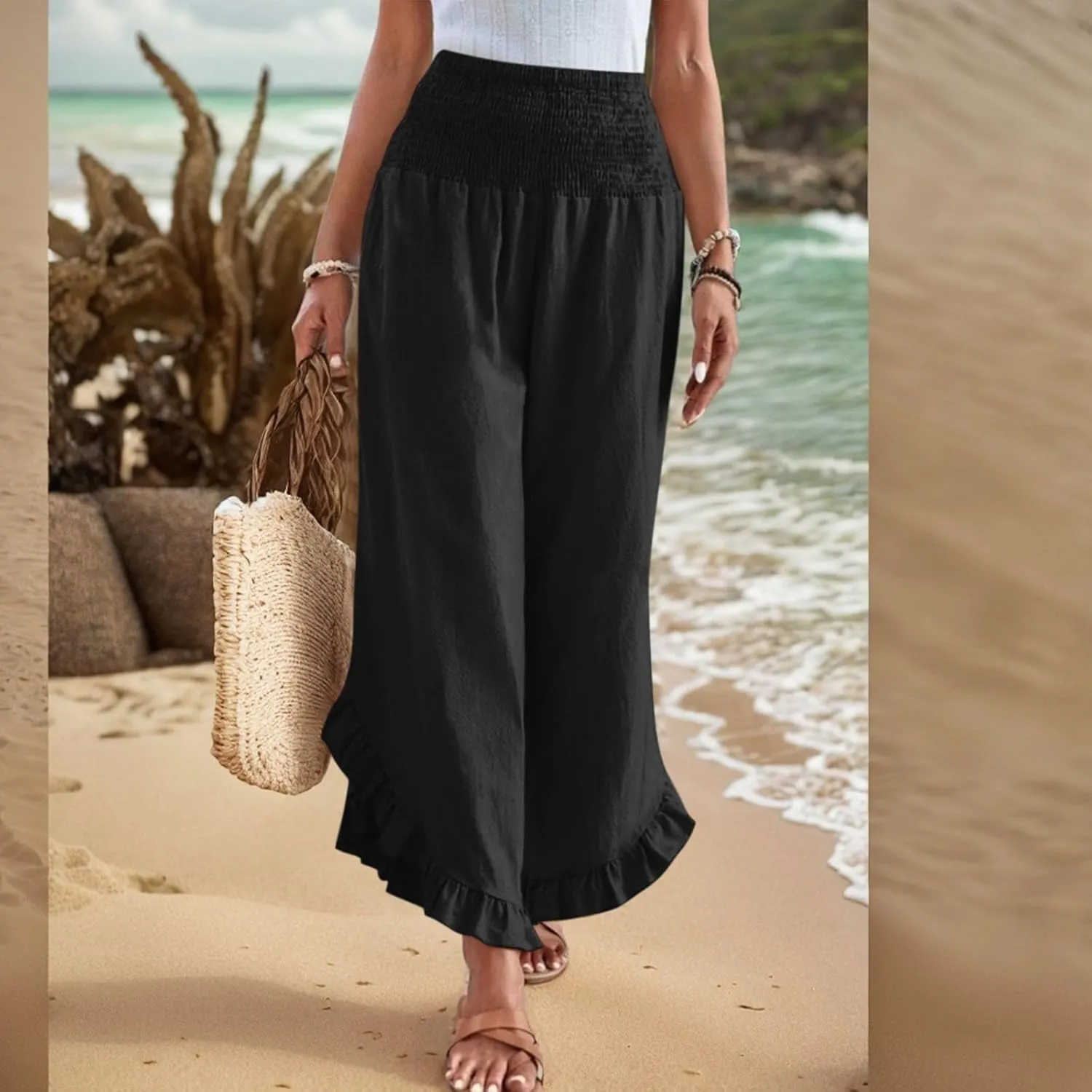 eoeioa Summer Linen Pants for Women Smocked High Waisted Palazzo Pants Ruffle Hem Beach Pant with Pockets