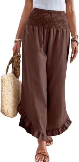 eoeioa Summer Linen Pants for Women Smocked High Waisted Palazzo Pants Ruffle Hem Beach Pant with Pockets
