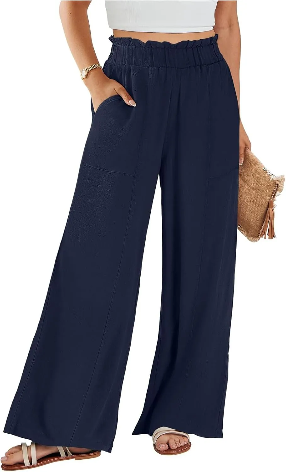 eoeioa Wide Leg Linen Pants for Women Summer Elastic High Waisted Palazzo Pants Business Casual Beach Trousers with Pockets