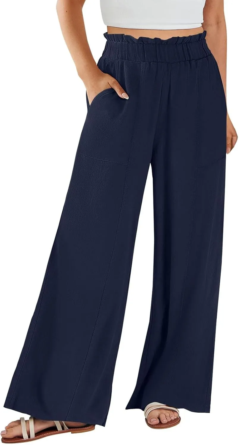 eoeioa Wide Leg Linen Pants for Women Summer Elastic High Waisted Palazzo Pants Business Casual Beach Trousers with Pockets