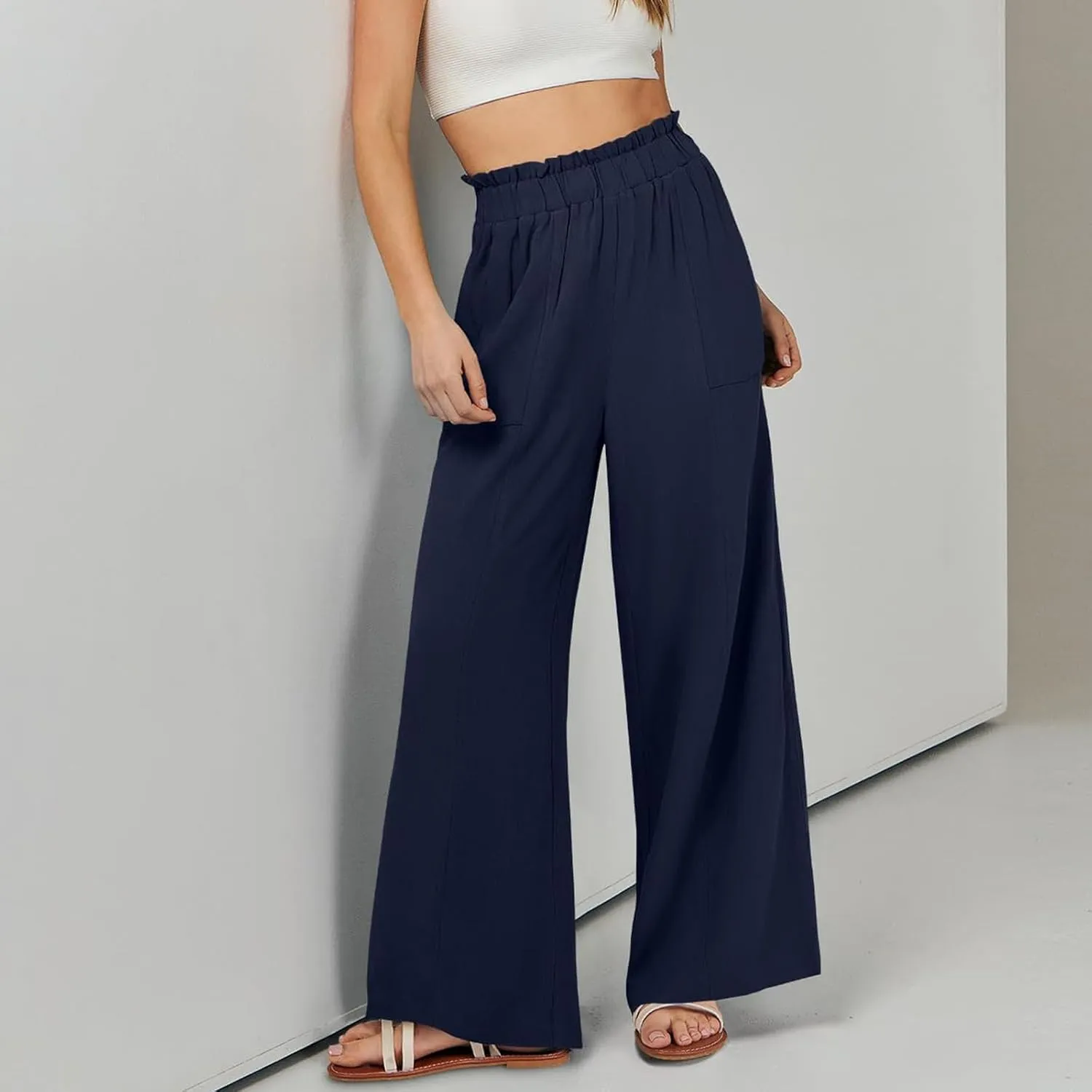 eoeioa Wide Leg Linen Pants for Women Summer Elastic High Waisted Palazzo Pants Business Casual Beach Trousers with Pockets