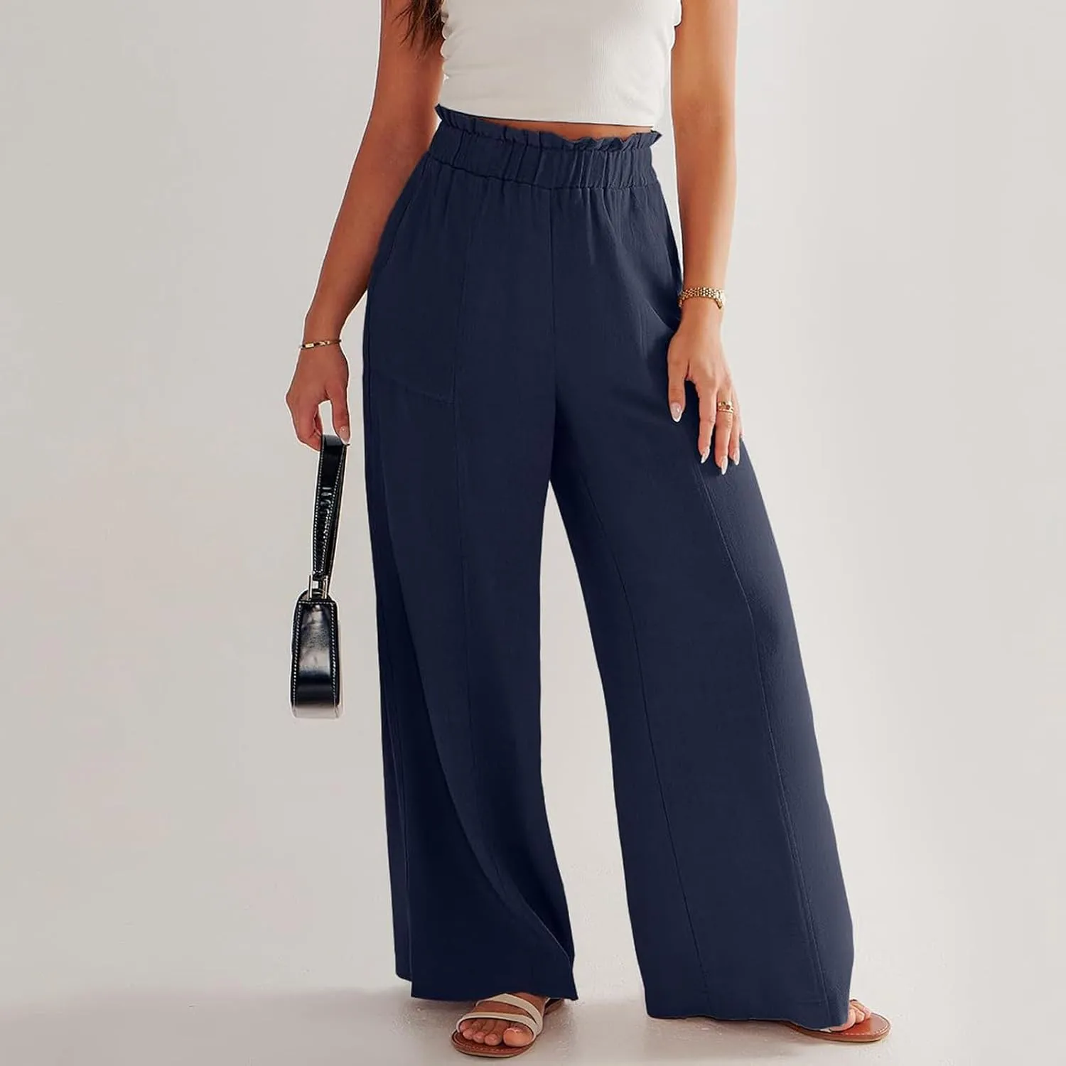 eoeioa Wide Leg Linen Pants for Women Summer Elastic High Waisted Palazzo Pants Business Casual Beach Trousers with Pockets