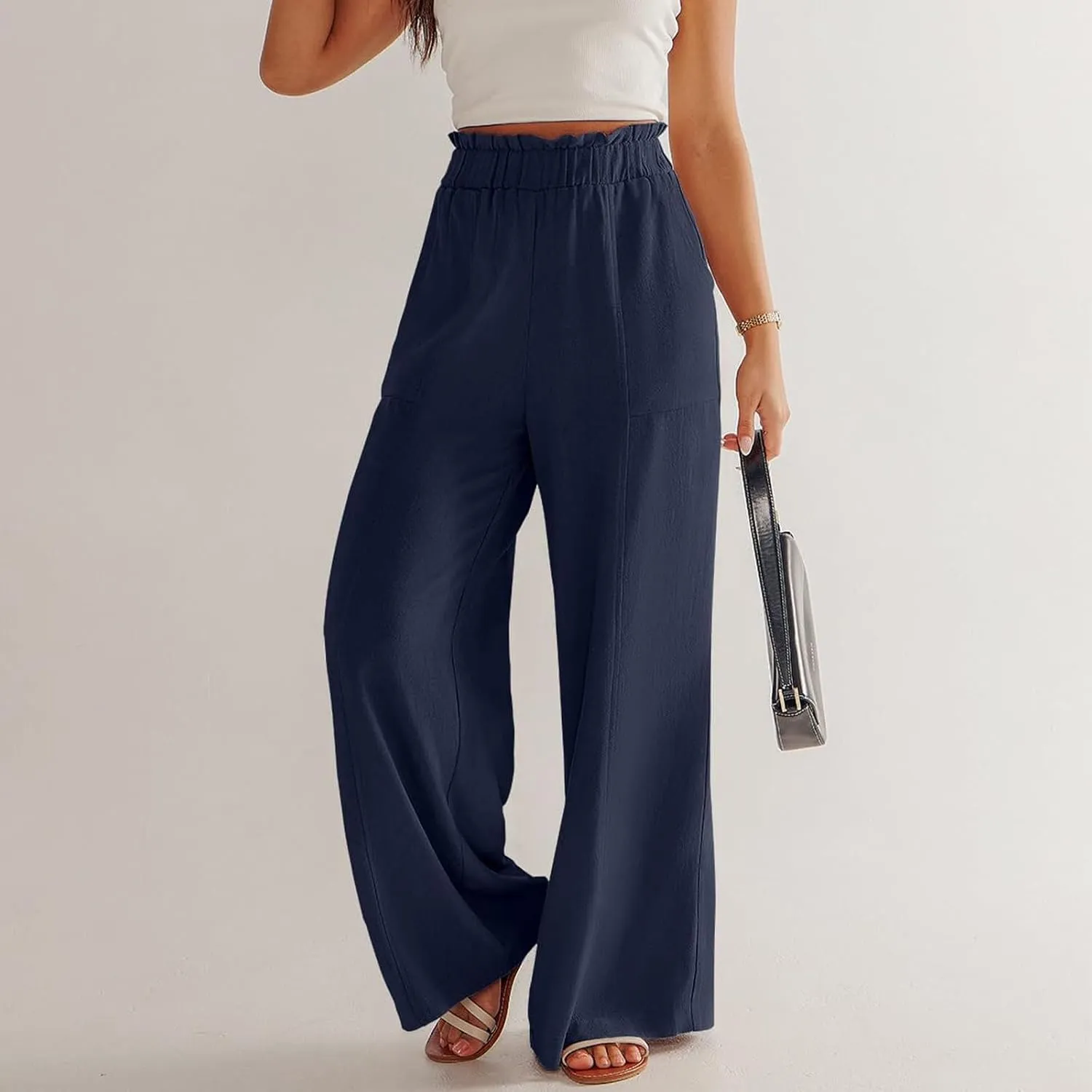 eoeioa Wide Leg Linen Pants for Women Summer Elastic High Waisted Palazzo Pants Business Casual Beach Trousers with Pockets