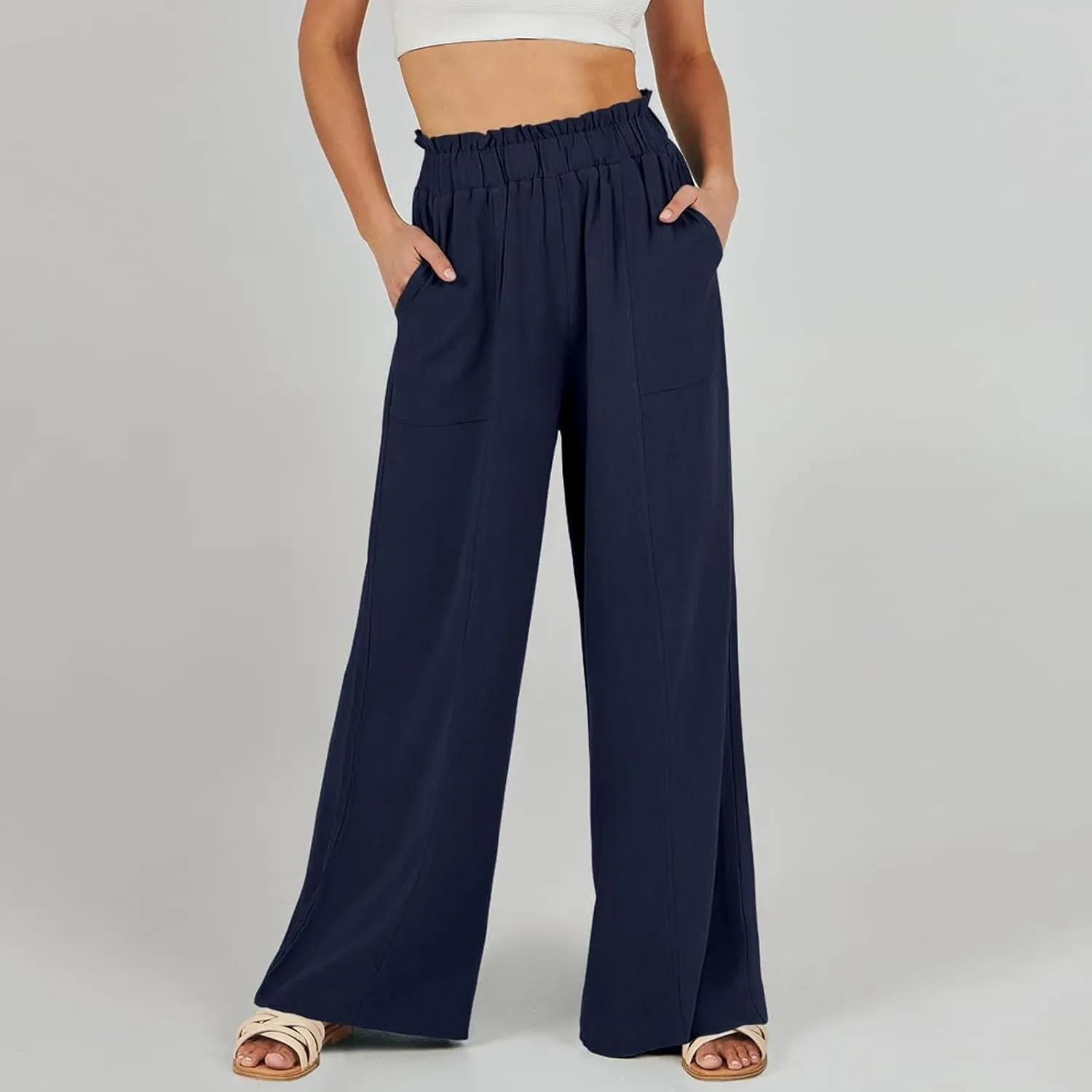 eoeioa Wide Leg Linen Pants for Women Summer Elastic High Waisted Palazzo Pants Business Casual Beach Trousers with Pockets