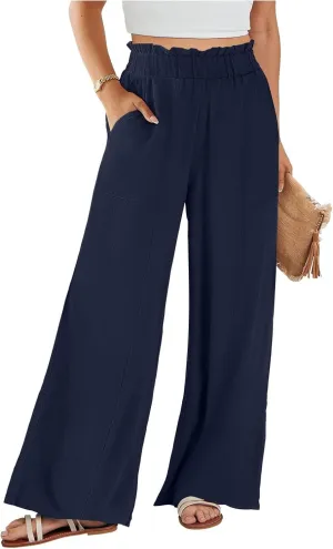eoeioa Wide Leg Linen Pants for Women Summer Elastic High Waisted Palazzo Pants Business Casual Beach Trousers with Pockets