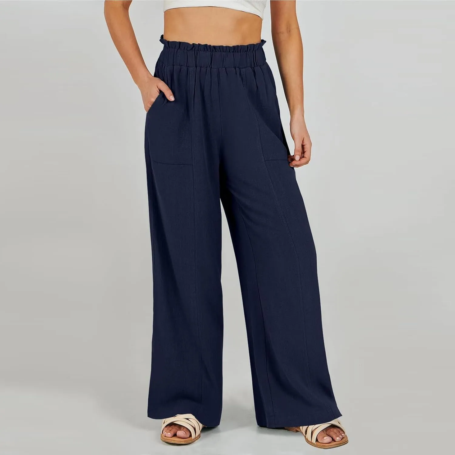 eoeioa Wide Leg Linen Pants for Women Summer Elastic High Waisted Palazzo Pants Business Casual Beach Trousers with Pockets