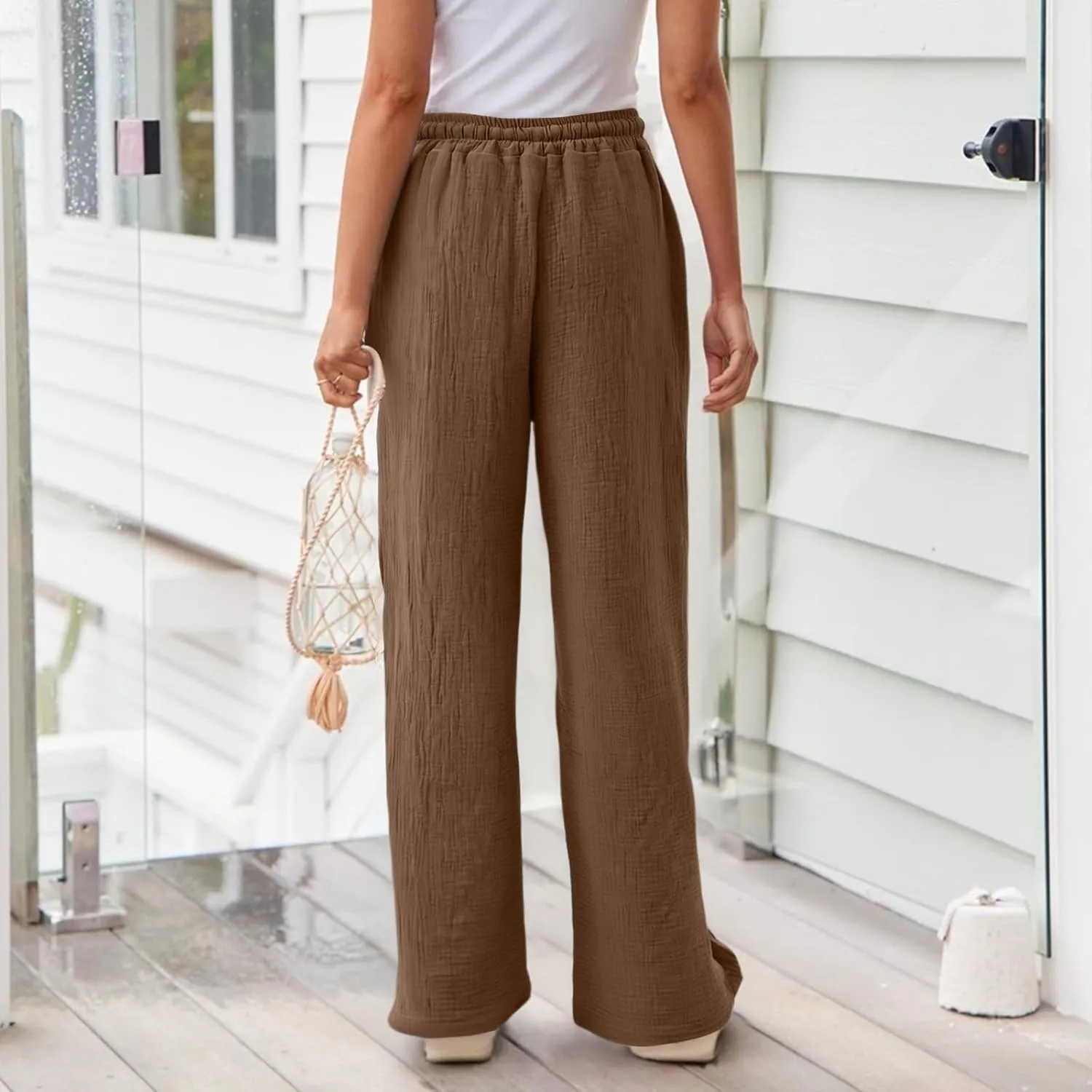 eoeioa Wide Leg Linen Pants for Women Summer Elastic High Waisted Palazzo Pants Business Casual Work Pant with Pockets