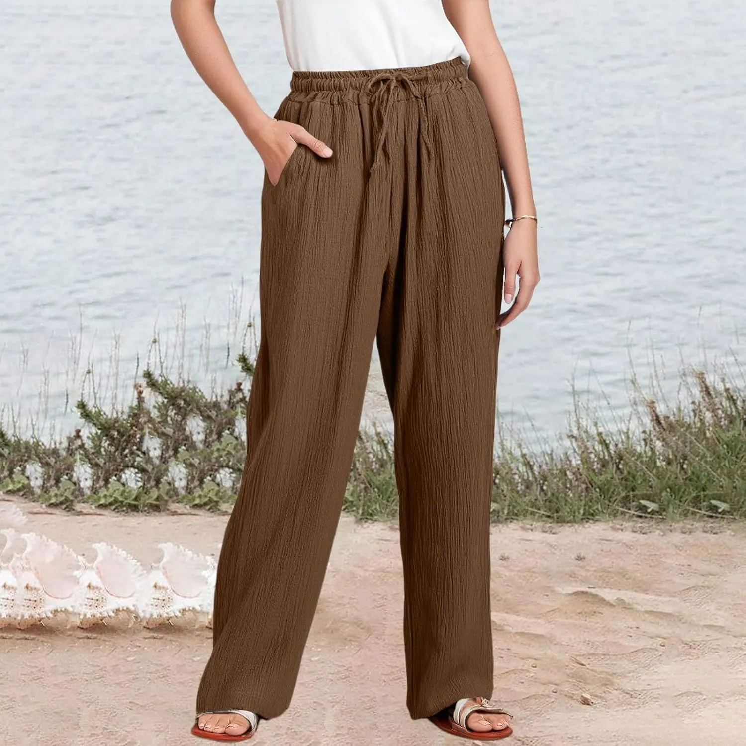 eoeioa Wide Leg Linen Pants for Women Summer Elastic High Waisted Palazzo Pants Business Casual Work Pant with Pockets