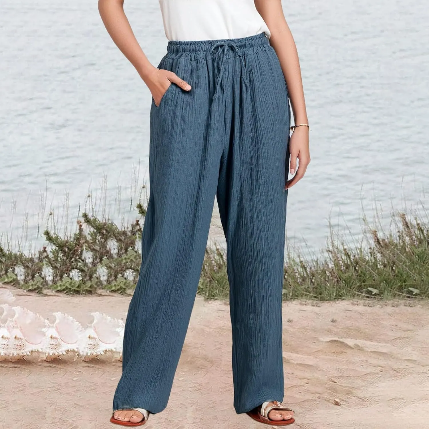 eoeioa Wide Leg Linen Pants for Women Summer Elastic High Waisted Palazzo Pants Business Casual Work Pant with Pockets