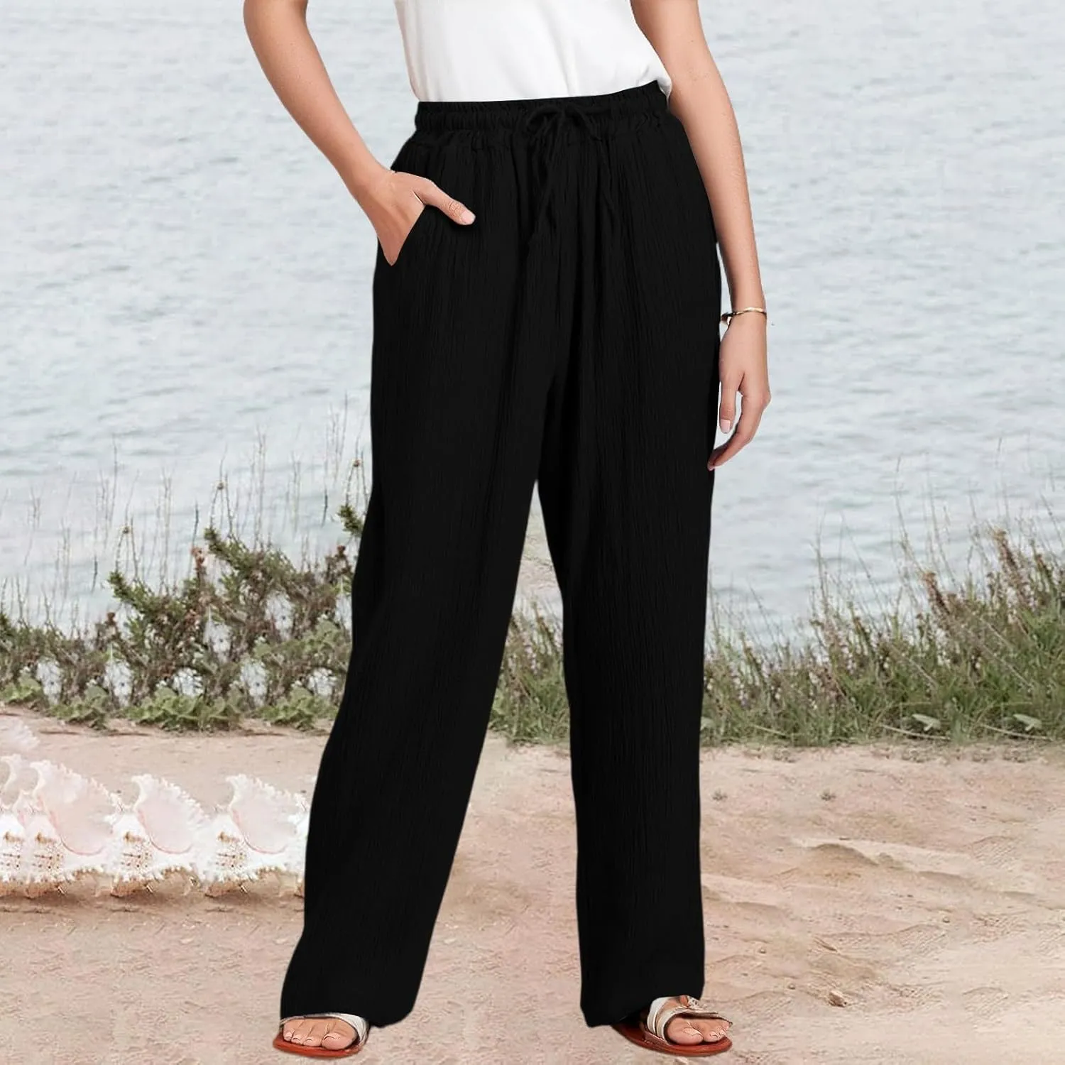 eoeioa Wide Leg Linen Pants for Women Summer Elastic High Waisted Palazzo Pants Business Casual Work Pant with Pockets