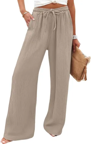 eoeioa Wide Leg Linen Pants for Women Summer Elastic High Waisted Palazzo Pants Business Casual Work Pant with Pockets