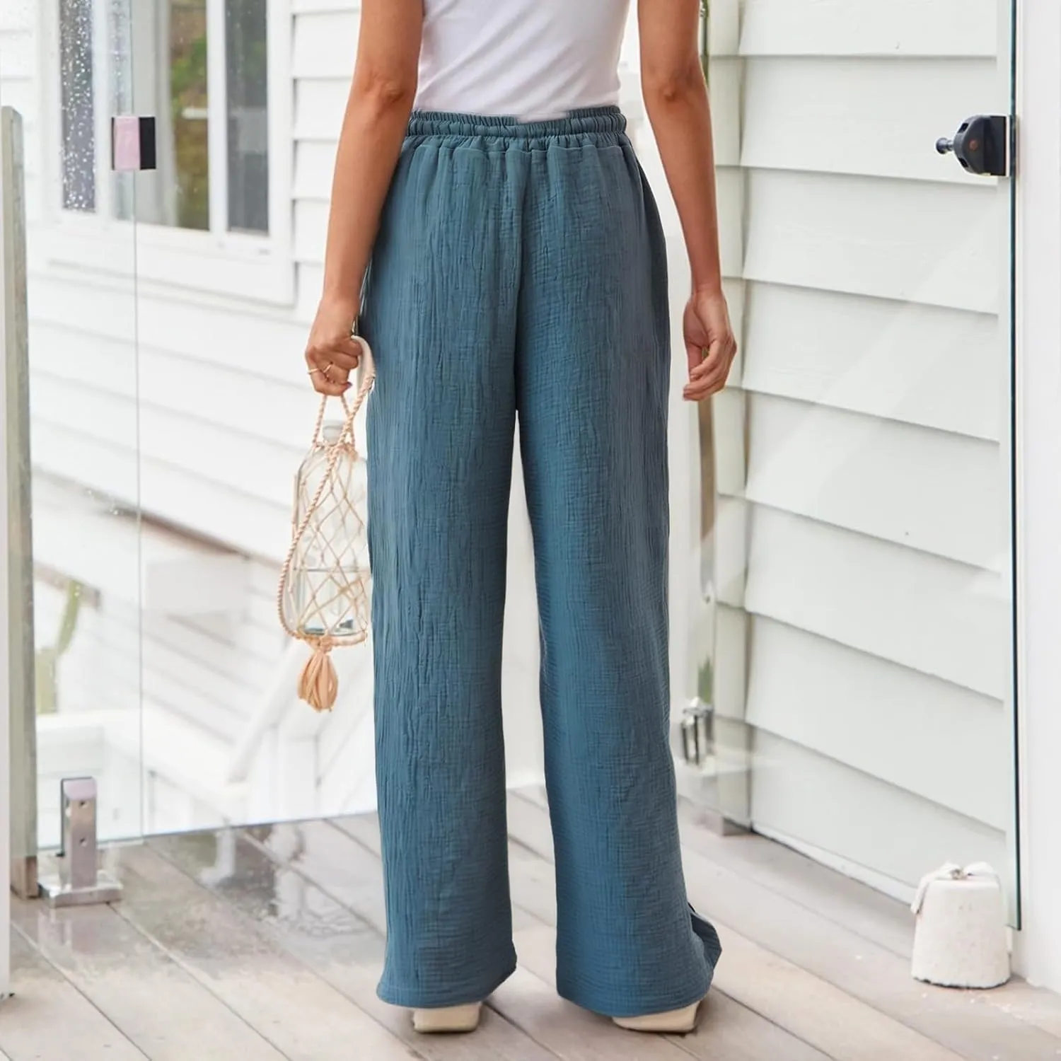 eoeioa Wide Leg Linen Pants for Women Summer Elastic High Waisted Palazzo Pants Business Casual Work Pant with Pockets