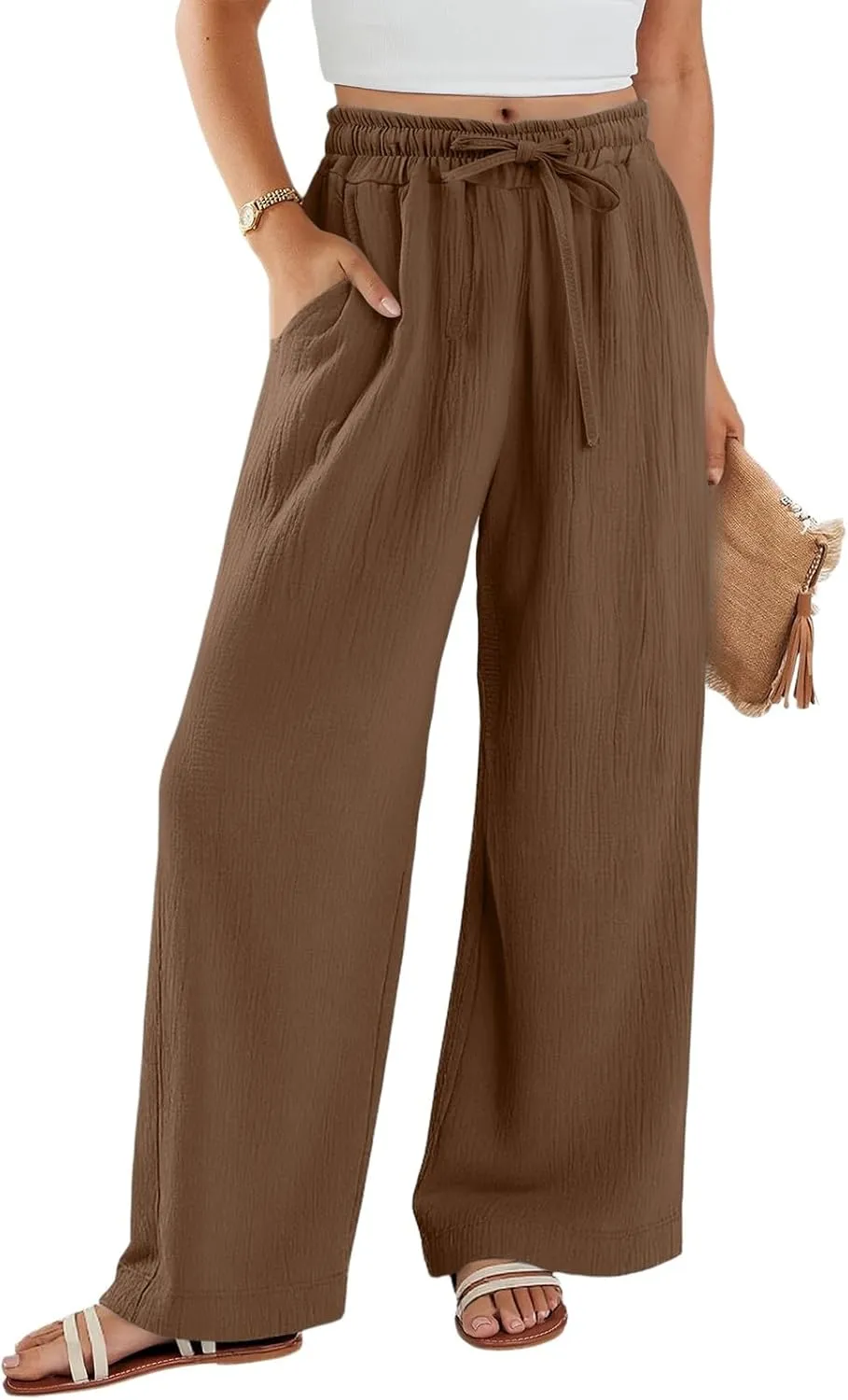 eoeioa Wide Leg Linen Pants for Women Summer Elastic High Waisted Palazzo Pants Business Casual Work Pant with Pockets
