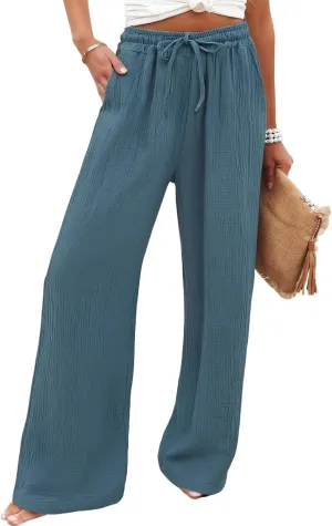 eoeioa Wide Leg Linen Pants for Women Summer Elastic High Waisted Palazzo Pants Business Casual Work Pant with Pockets