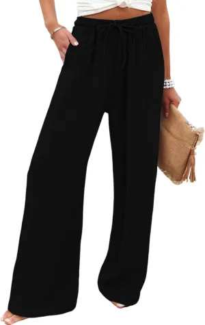 eoeioa Wide Leg Linen Pants for Women Summer Elastic High Waisted Palazzo Pants Business Casual Work Pant with Pockets
