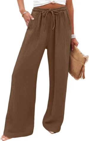 eoeioa Wide Leg Linen Pants for Women Summer Elastic High Waisted Palazzo Pants Business Casual Work Pant with Pockets