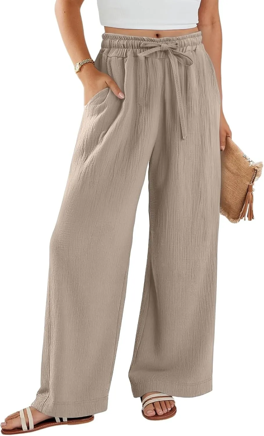 eoeioa Wide Leg Linen Pants for Women Summer Elastic High Waisted Palazzo Pants Business Casual Work Pant with Pockets