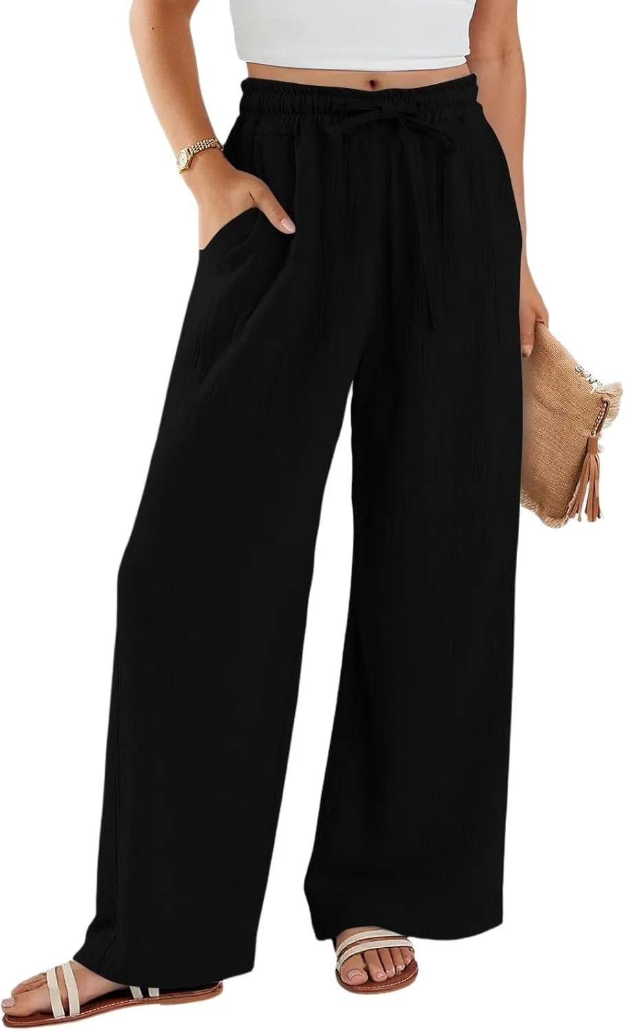 eoeioa Wide Leg Linen Pants for Women Summer Elastic High Waisted Palazzo Pants Business Casual Work Pant with Pockets