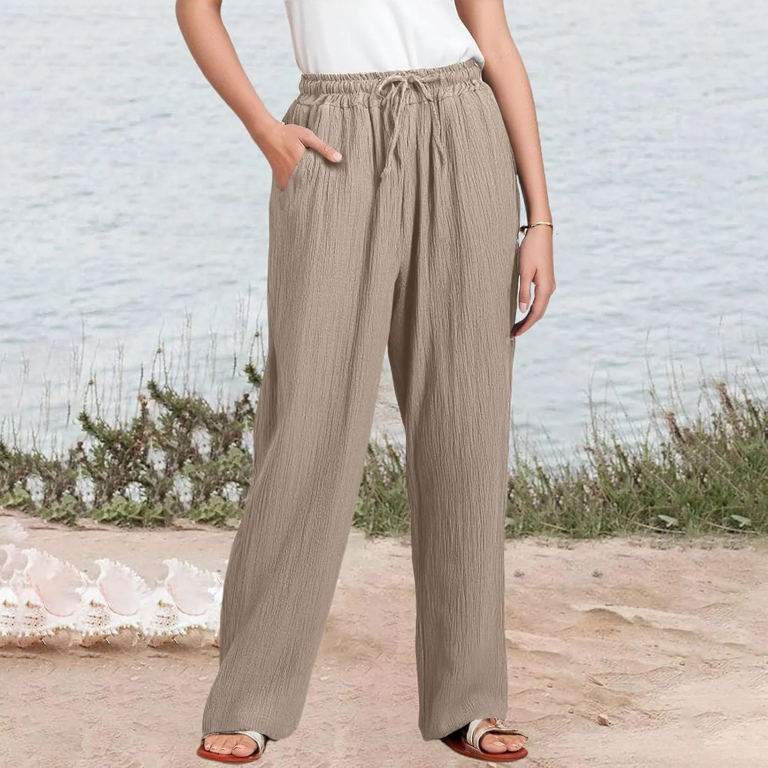 eoeioa Wide Leg Linen Pants for Women Summer Elastic High Waisted Palazzo Pants Business Casual Work Pant with Pockets