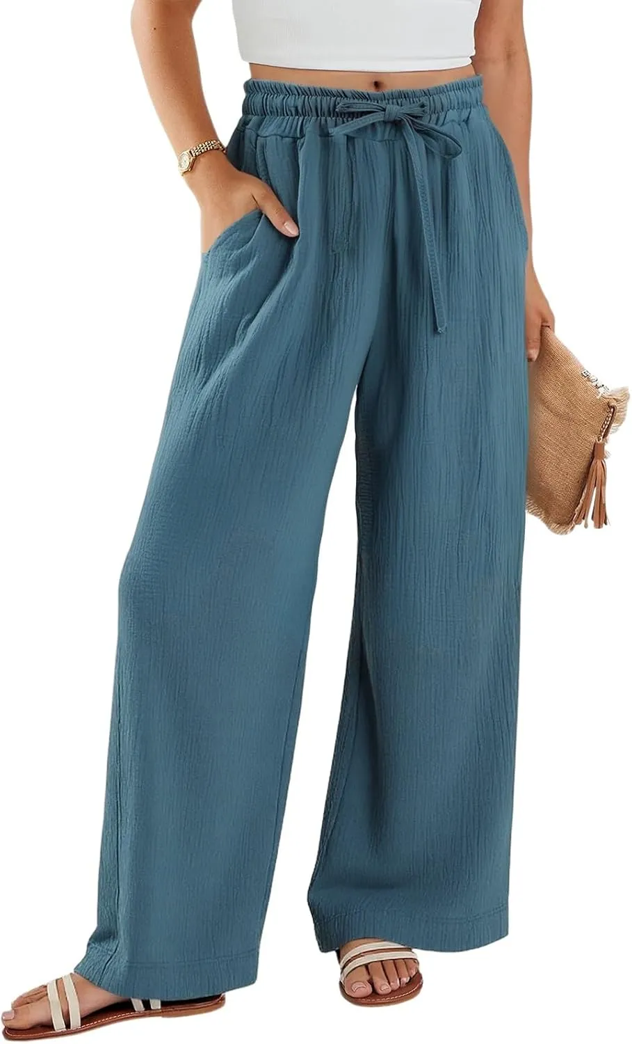 eoeioa Wide Leg Linen Pants for Women Summer Elastic High Waisted Palazzo Pants Business Casual Work Pant with Pockets