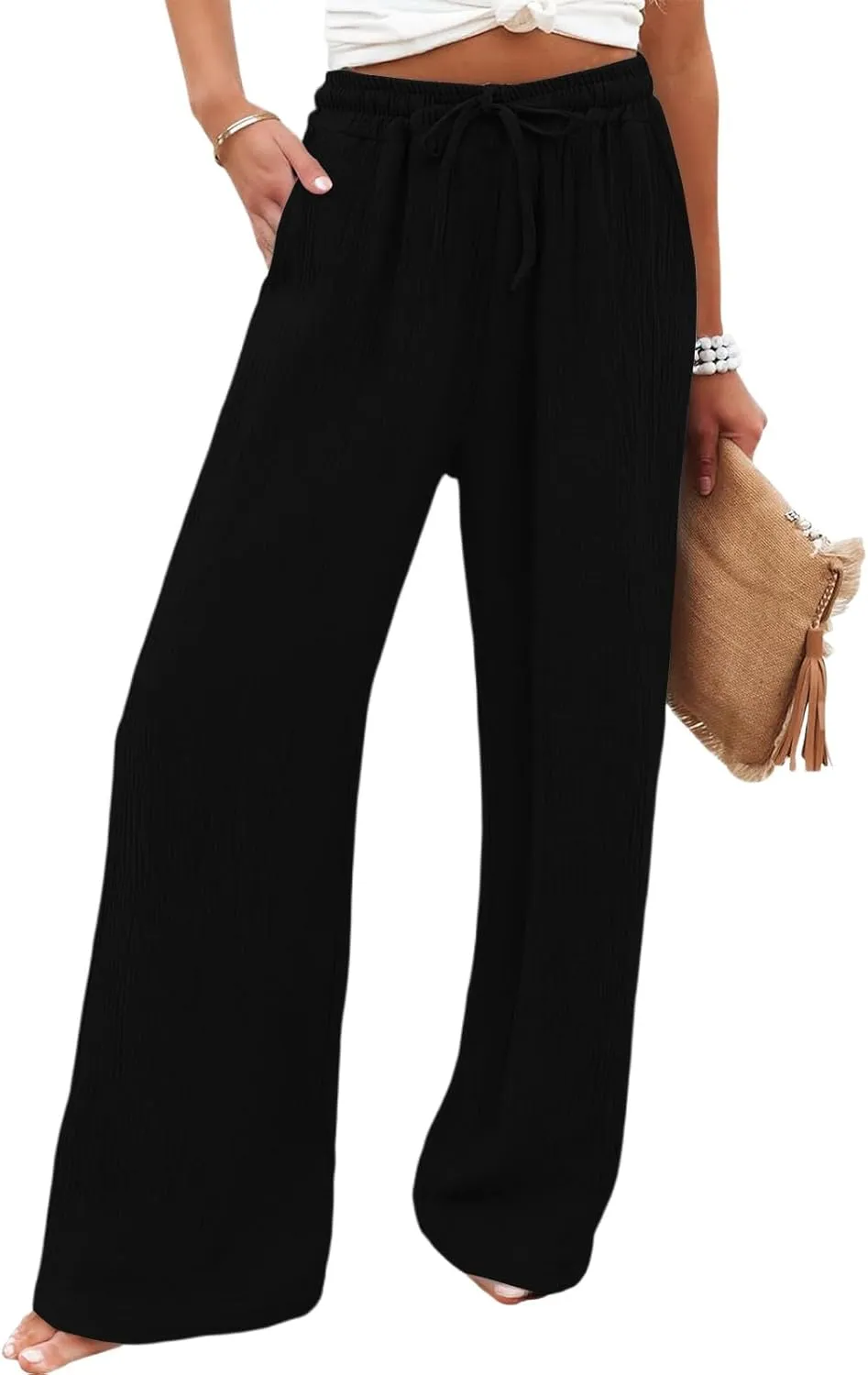 eoeioa Wide Leg Linen Pants for Women Summer Elastic High Waisted Palazzo Pants Business Casual Work Pant with Pockets