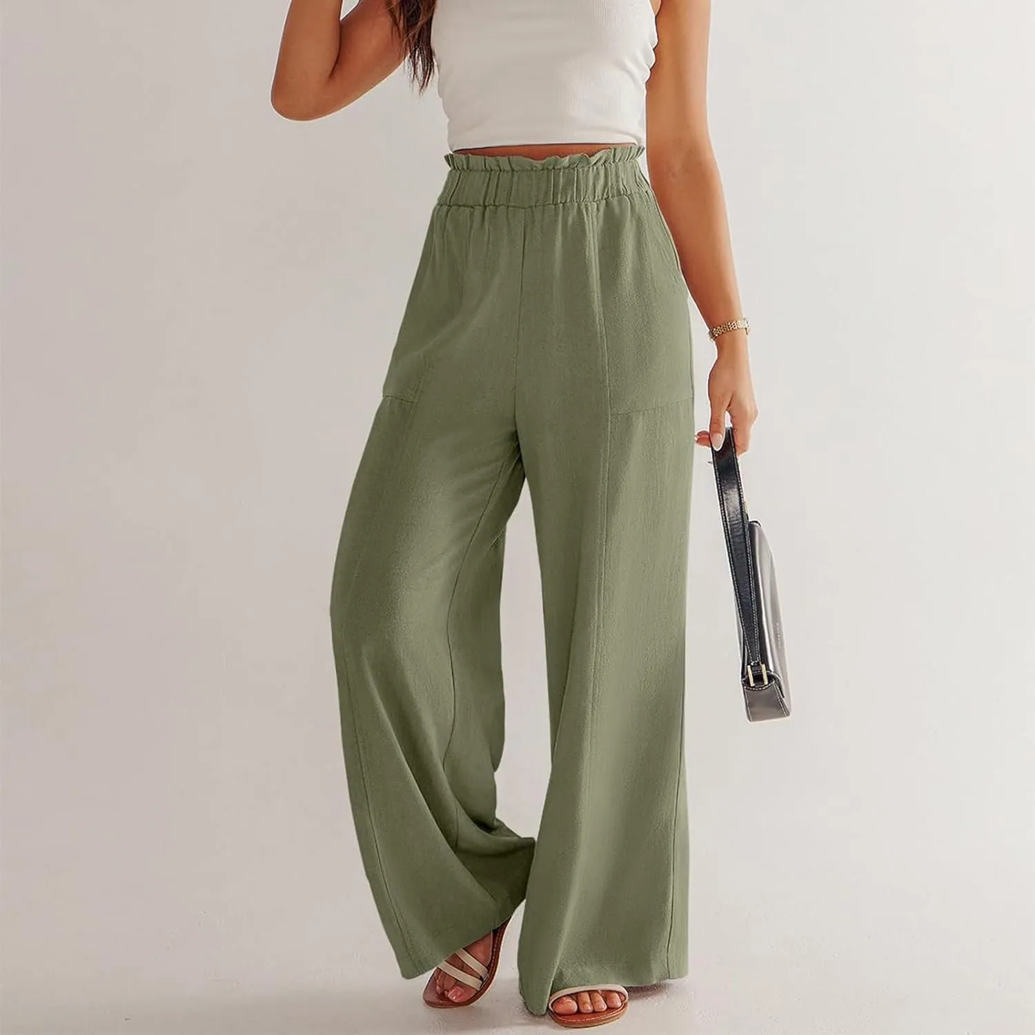 eoeioa Womens Beach Pants Summer Elastic Waist Linen Pants Lightweight Casual Baggy Flowy Wide Leg Pant with Pockets
