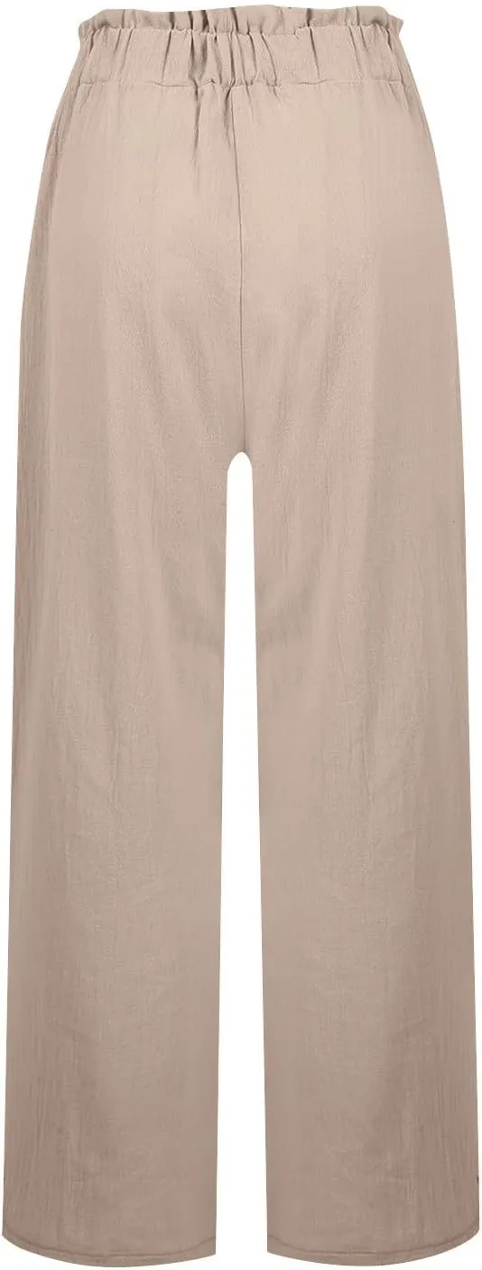 eoeioa Womens Beach Pants Summer Elastic Waist Linen Pants Lightweight Casual Baggy Flowy Wide Leg Pant with Pockets