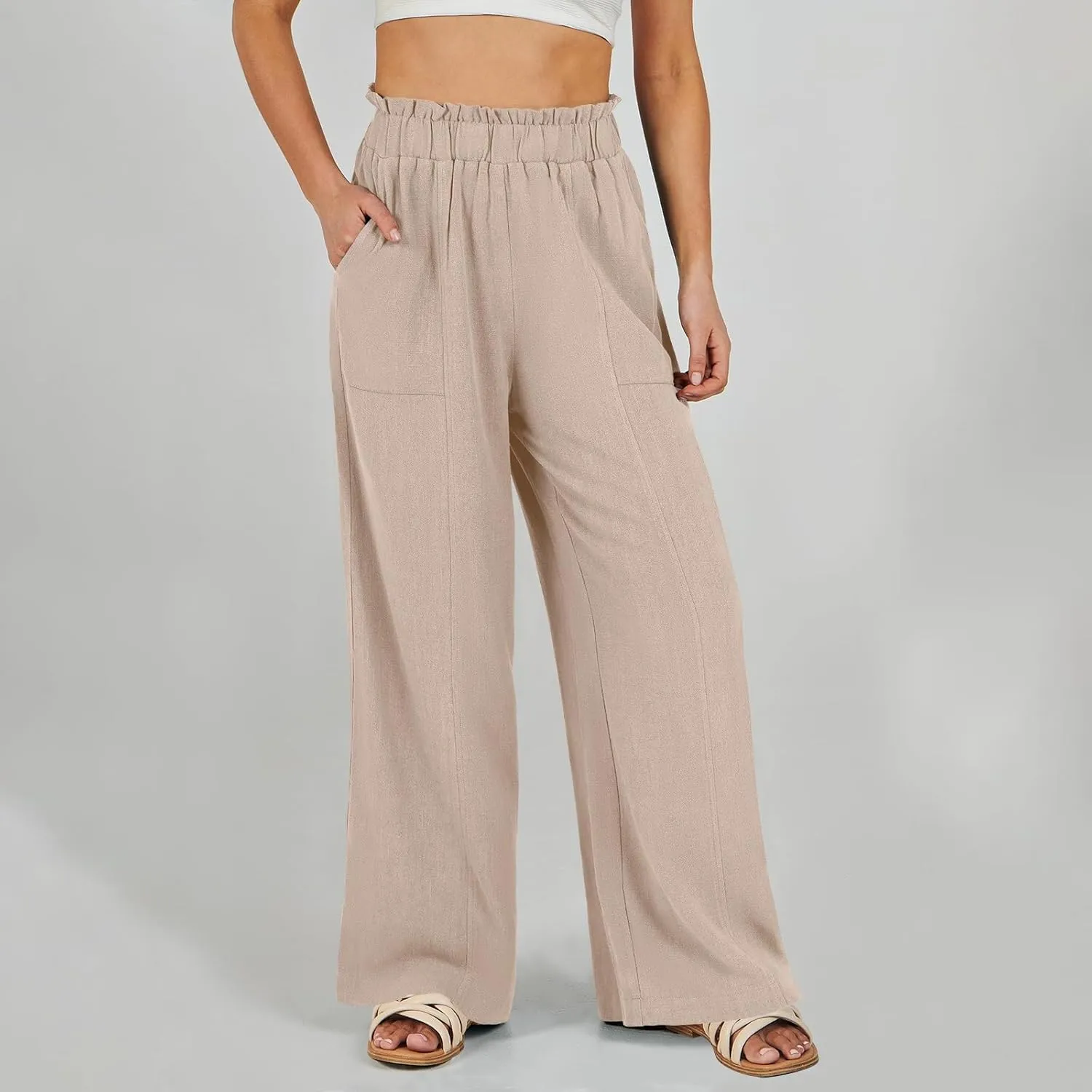 eoeioa Womens Beach Pants Summer Elastic Waist Linen Pants Lightweight Casual Baggy Flowy Wide Leg Pant with Pockets