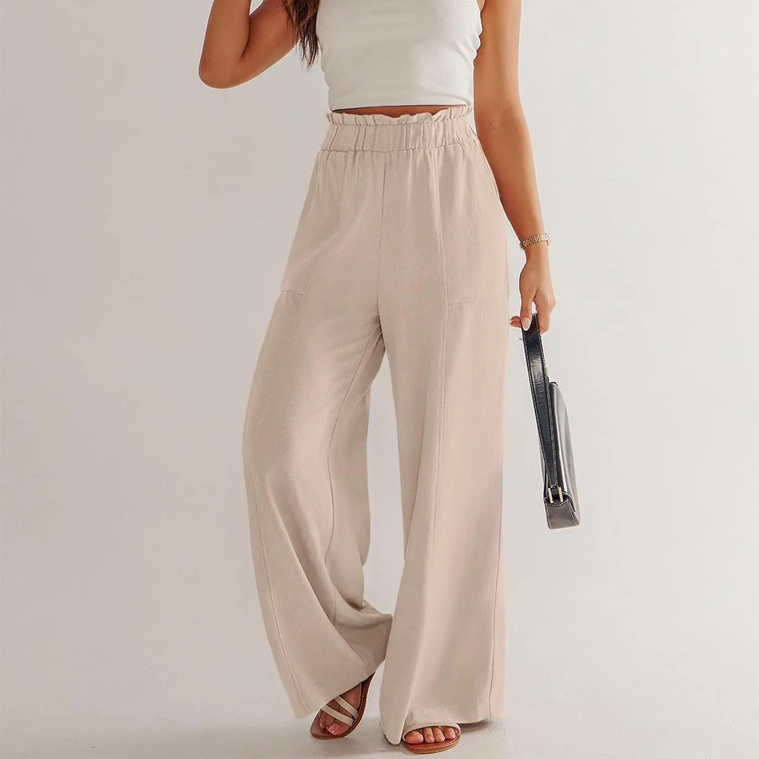 eoeioa Womens Beach Pants Summer Elastic Waist Linen Pants Lightweight Casual Baggy Flowy Wide Leg Pant with Pockets