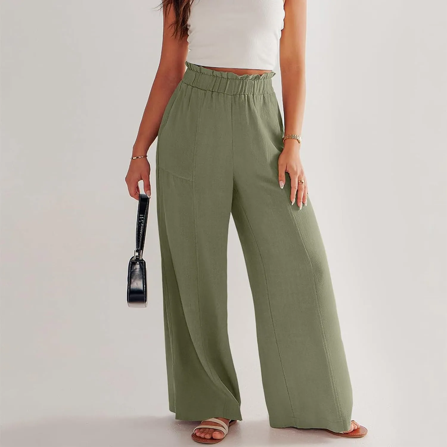 eoeioa Womens Beach Pants Summer Elastic Waist Linen Pants Lightweight Casual Baggy Flowy Wide Leg Pant with Pockets