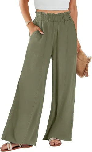 eoeioa Womens Beach Pants Summer Elastic Waist Linen Pants Lightweight Casual Baggy Flowy Wide Leg Pant with Pockets