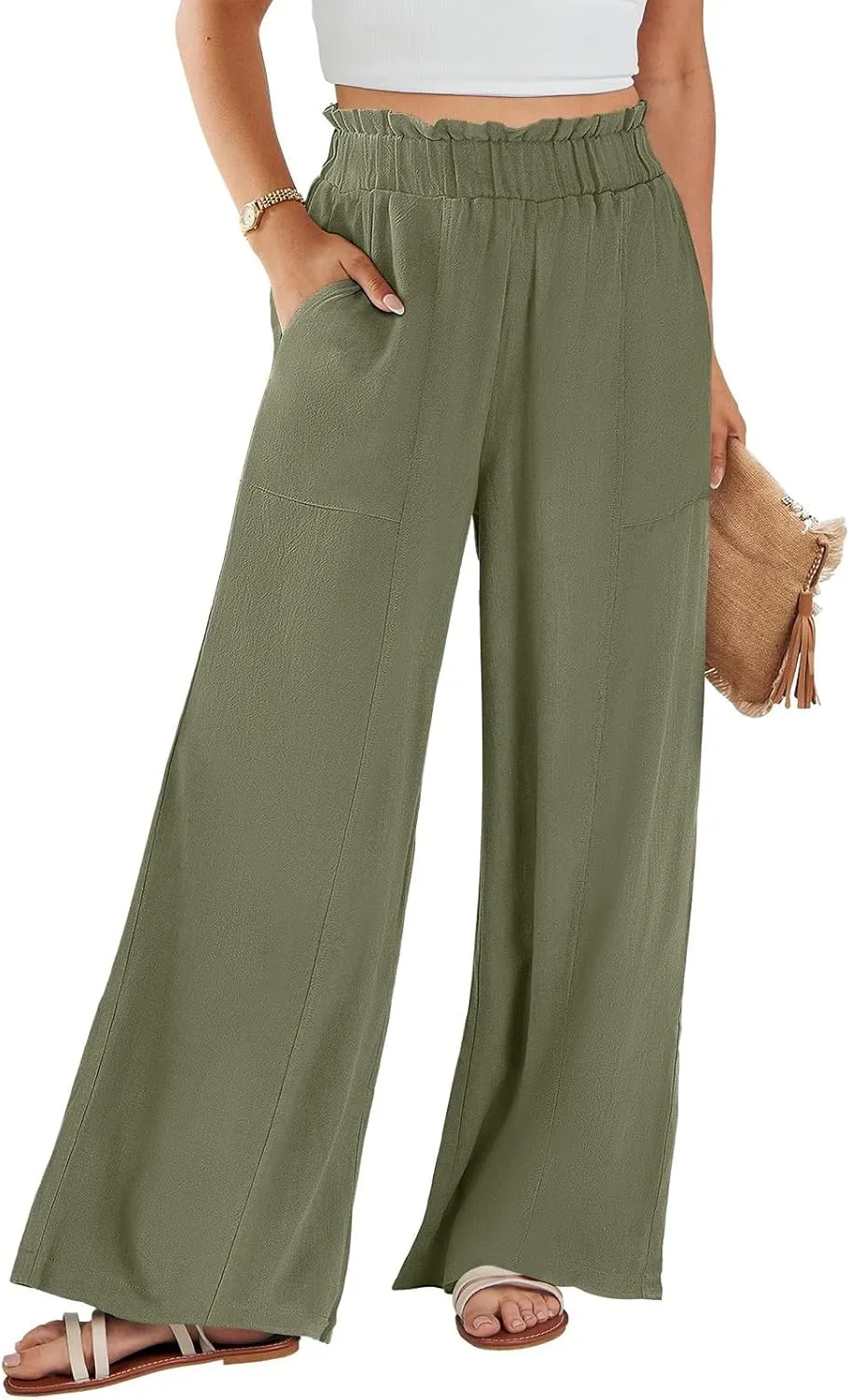 eoeioa Womens Beach Pants Summer Elastic Waist Linen Pants Lightweight Casual Baggy Flowy Wide Leg Pant with Pockets