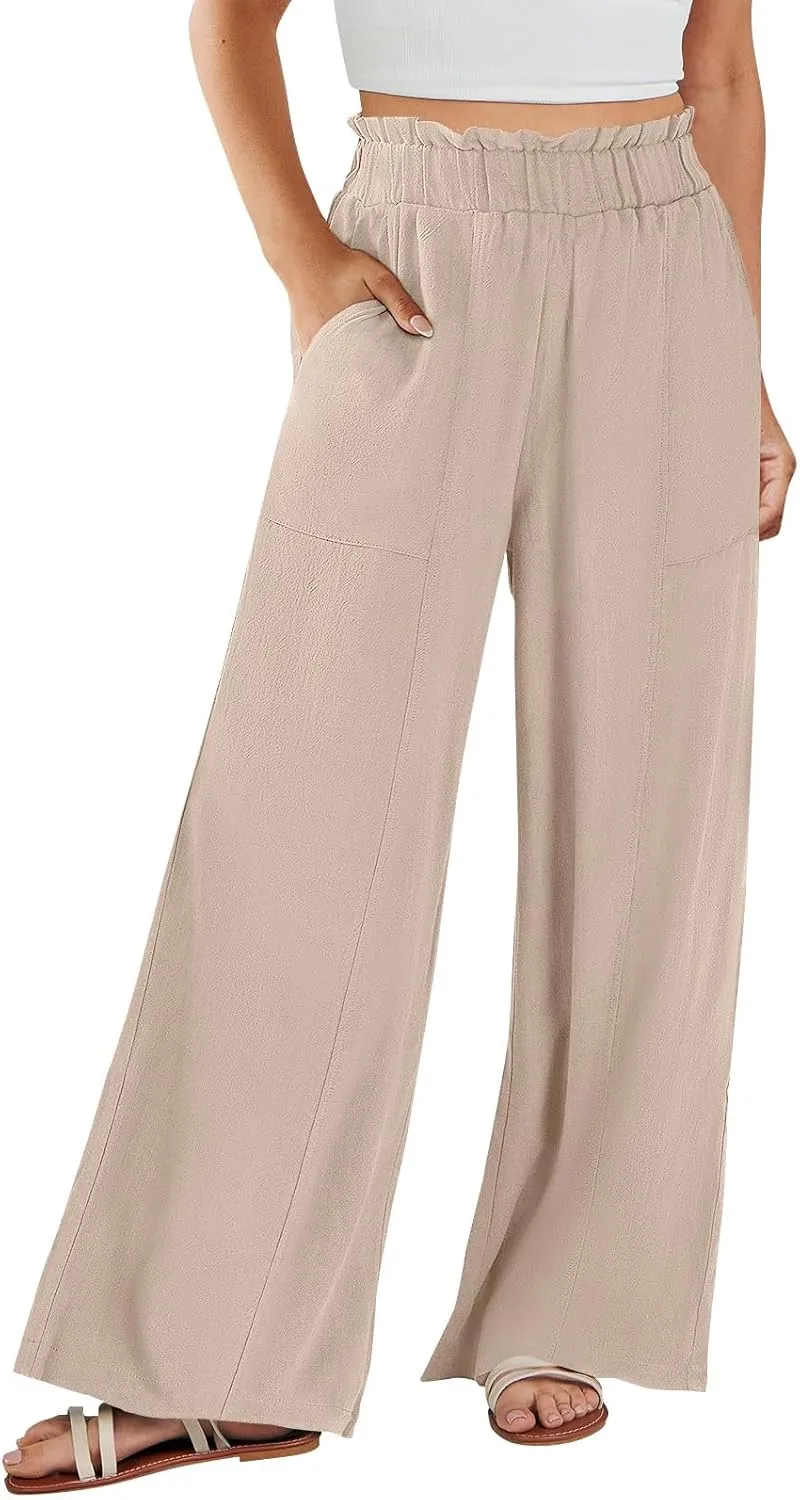 eoeioa Womens Beach Pants Summer Elastic Waist Linen Pants Lightweight Casual Baggy Flowy Wide Leg Pant with Pockets