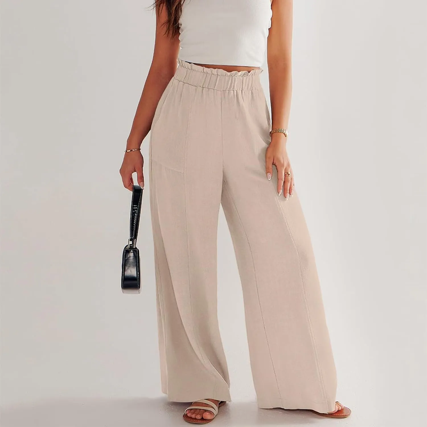 eoeioa Womens Beach Pants Summer Elastic Waist Linen Pants Lightweight Casual Baggy Flowy Wide Leg Pant with Pockets