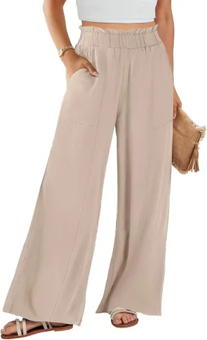 eoeioa Womens Beach Pants Summer Elastic Waist Linen Pants Lightweight Casual Baggy Flowy Wide Leg Pant with Pockets