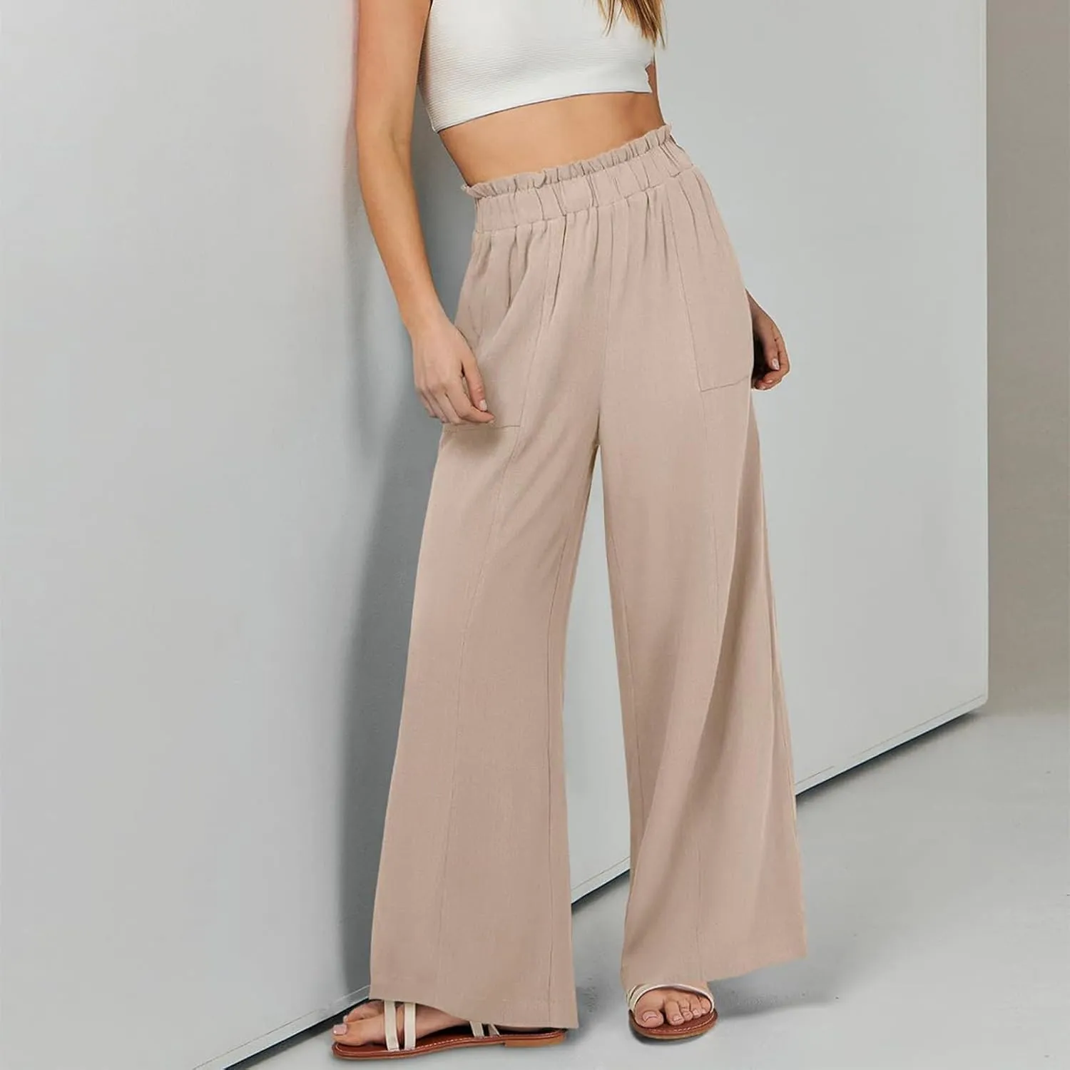eoeioa Womens Beach Pants Summer Elastic Waist Linen Pants Lightweight Casual Baggy Flowy Wide Leg Pant with Pockets