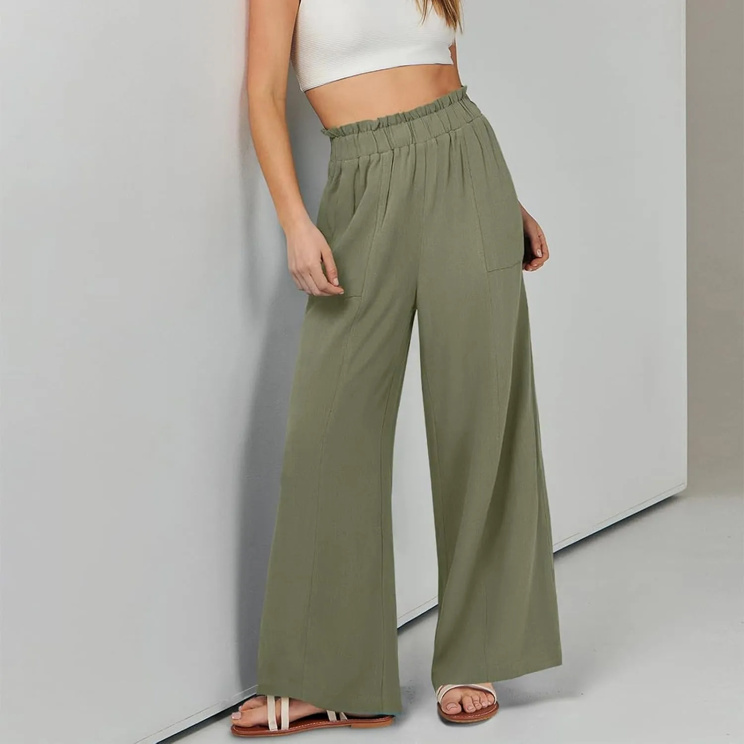eoeioa Womens Beach Pants Summer Elastic Waist Linen Pants Lightweight Casual Baggy Flowy Wide Leg Pant with Pockets