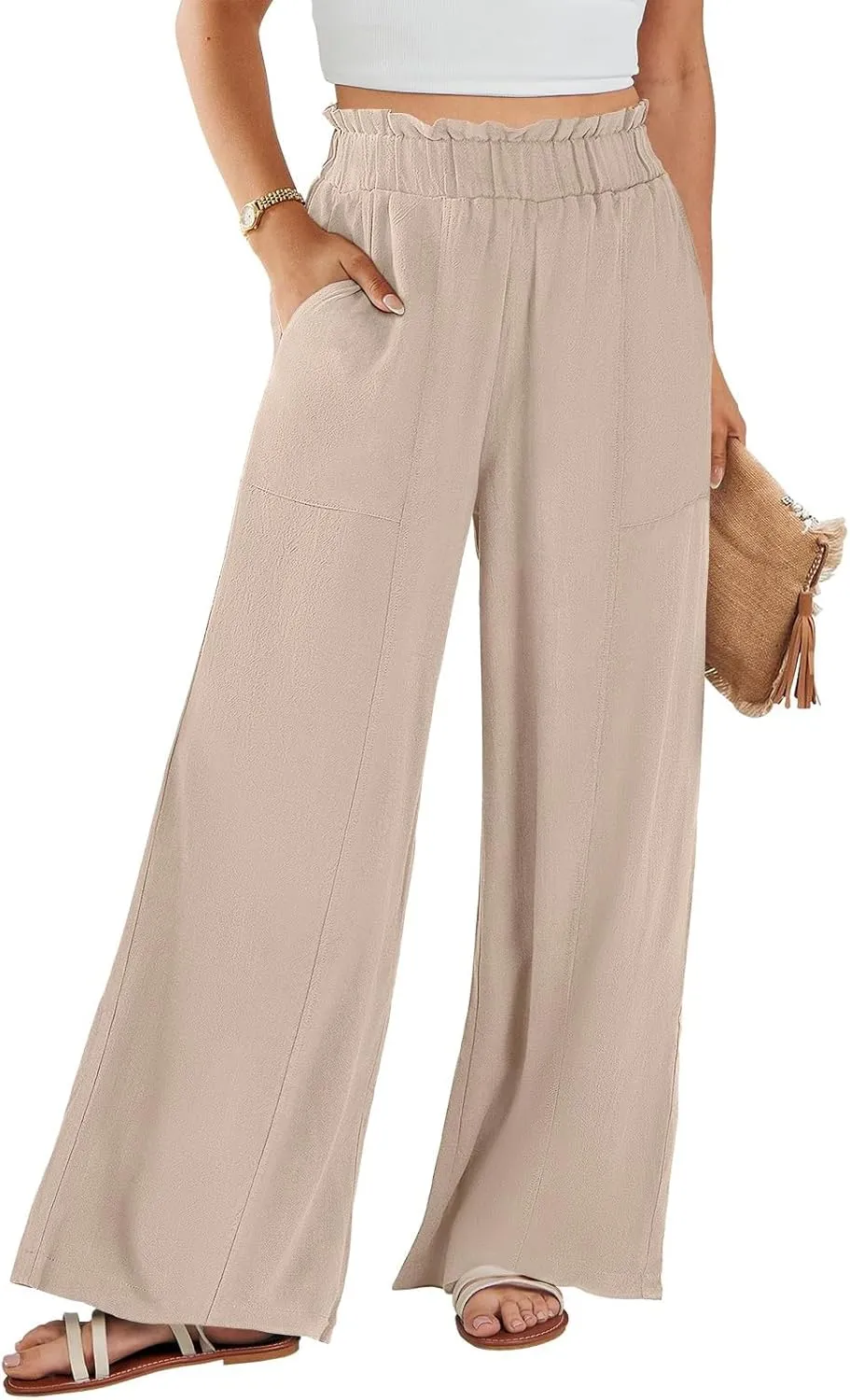 eoeioa Womens Beach Pants Summer Elastic Waist Linen Pants Lightweight Casual Baggy Flowy Wide Leg Pant with Pockets