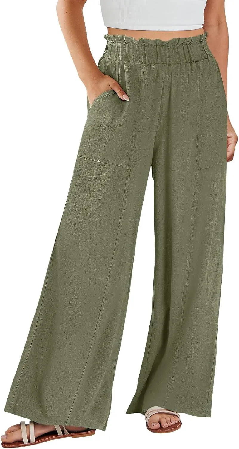 eoeioa Womens Beach Pants Summer Elastic Waist Linen Pants Lightweight Casual Baggy Flowy Wide Leg Pant with Pockets