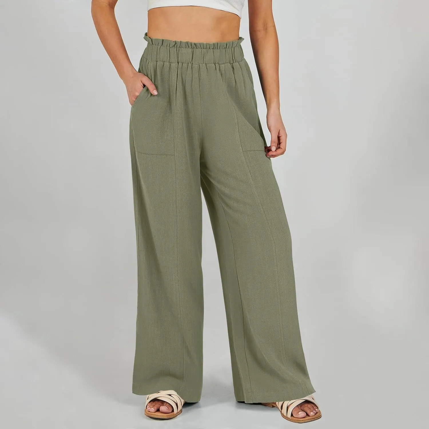 eoeioa Womens Beach Pants Summer Elastic Waist Linen Pants Lightweight Casual Baggy Flowy Wide Leg Pant with Pockets