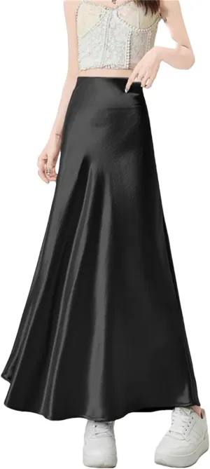 ERFMFKL Women Satin Elastic High Waisted A-Line Maxi Skirt Solid Casual Formal Work Skirts with Lining
