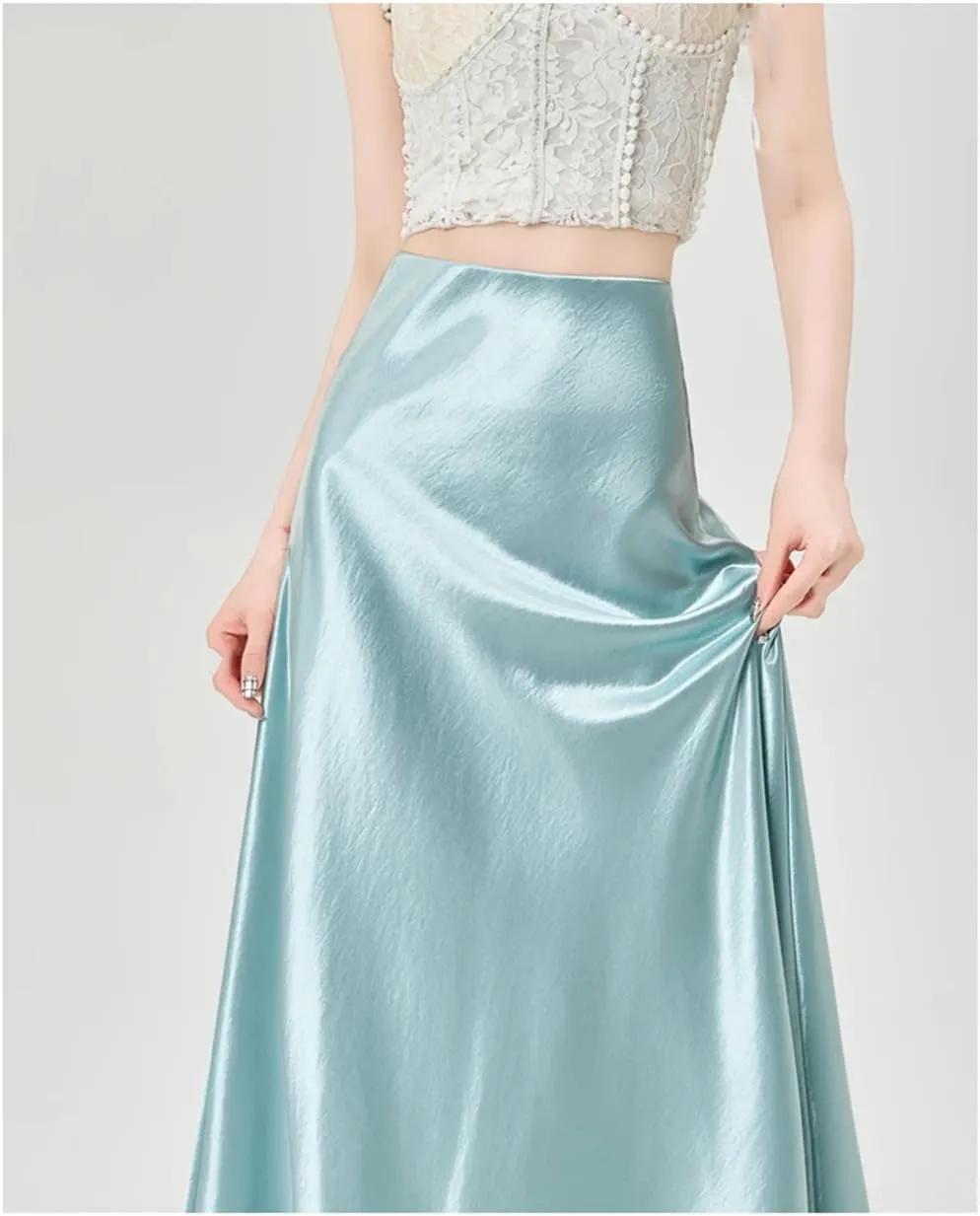 ERFMFKL Women Satin Elastic High Waisted A-Line Maxi Skirt Solid Casual Formal Work Skirts with Lining