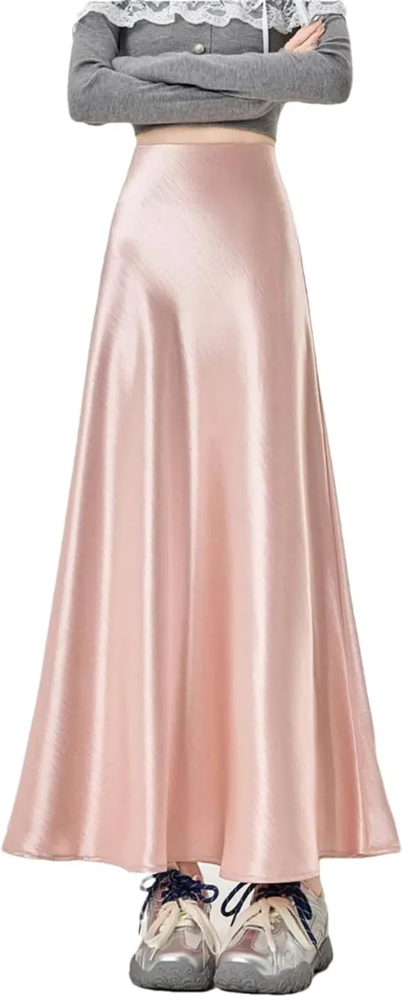 ERFMFKL Women Satin Elastic High Waisted A-Line Maxi Skirt Solid Casual Formal Work Skirts with Lining
