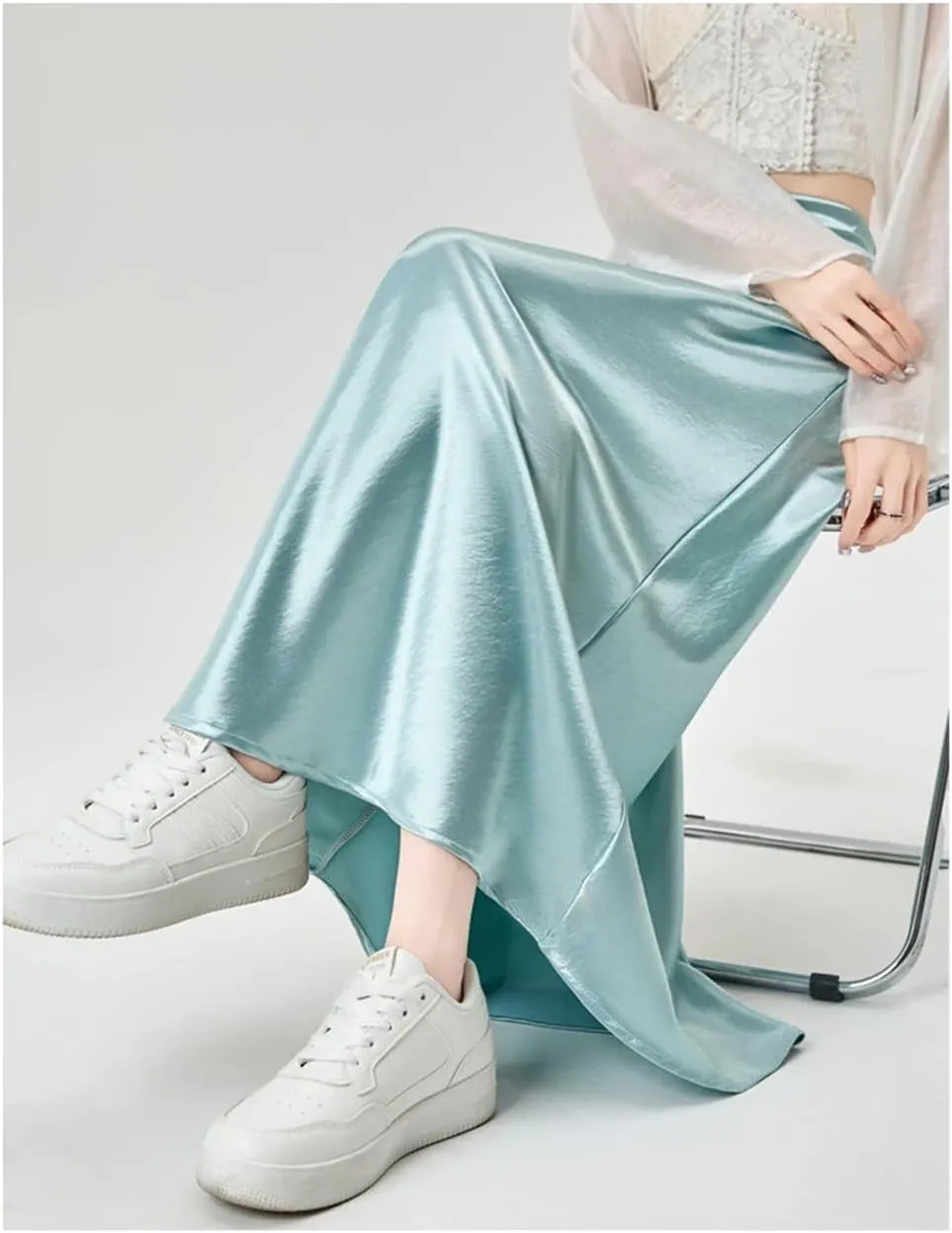 ERFMFKL Women Satin Elastic High Waisted A-Line Maxi Skirt Solid Casual Formal Work Skirts with Lining