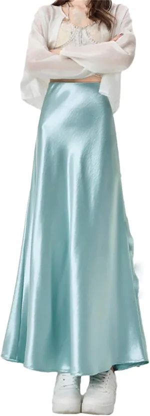 ERFMFKL Women Satin Elastic High Waisted A-Line Maxi Skirt Solid Casual Formal Work Skirts with Lining