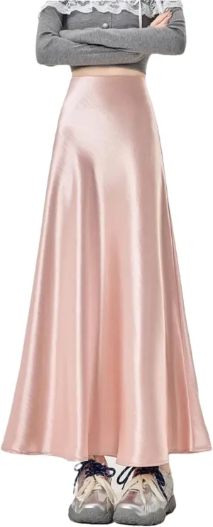 ERFMFKL Women Satin Elastic High Waisted A-Line Maxi Skirt Solid Casual Formal Work Skirts with Lining