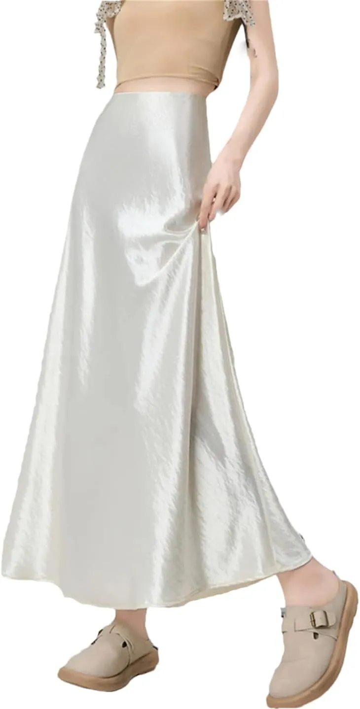 ERFMFKL Women Satin Elastic High Waisted A-Line Maxi Skirt Solid Casual Formal Work Skirts with Lining