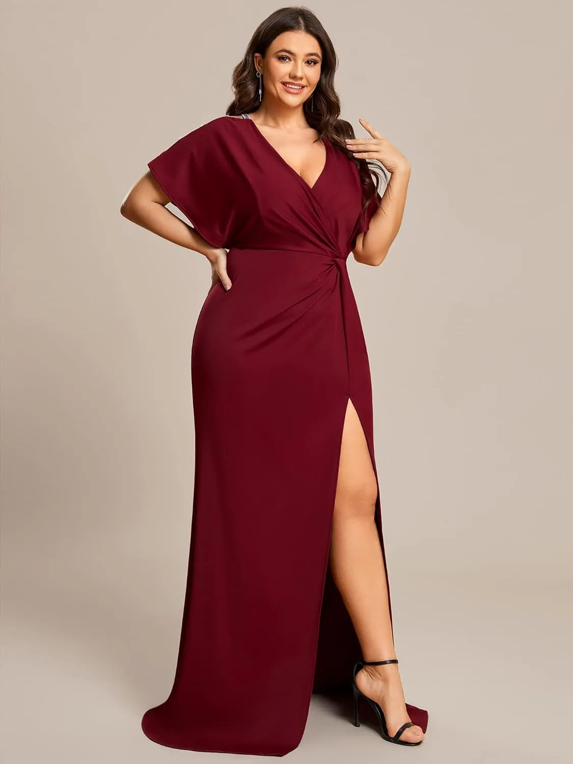 Ever-Pretty Plus Women's Plus Size V Neck Hollow Out Sequin Sleeve Pleated High Slit Evening Dresses 01777-DA